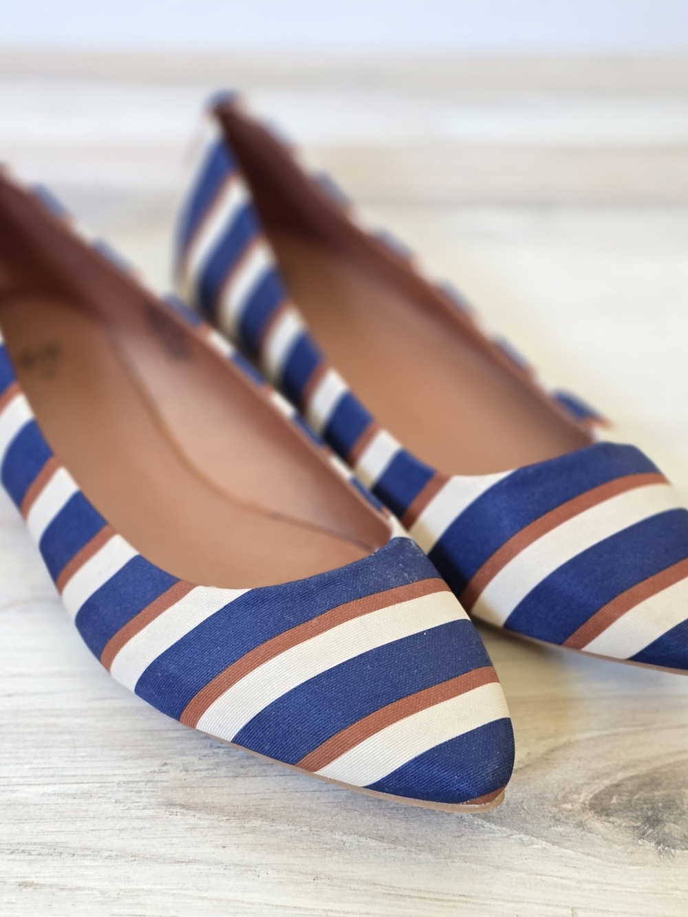 H&M Striped Pointed Flats in Blue, White & Brown
